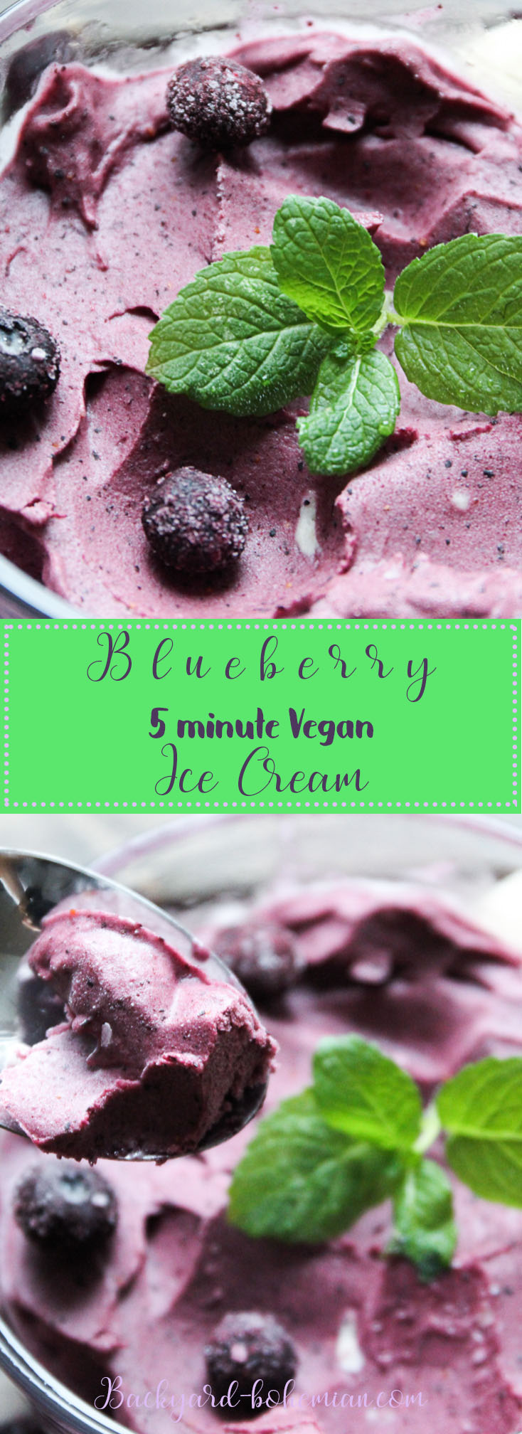 promo graphic for blueberry vegan ice cream featuring a background image of the purple colored ice cream