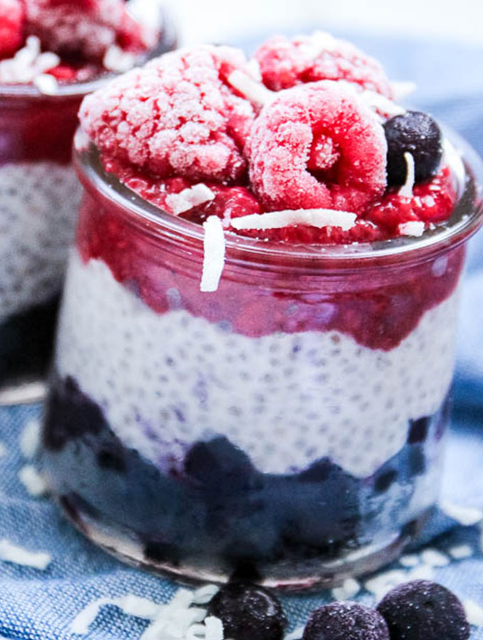 close up shot of chia seed pudding in glass jars