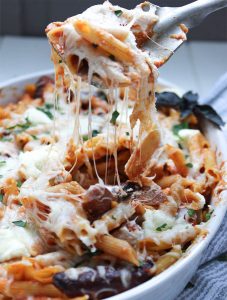 penne pasta bake with stringy cheese
