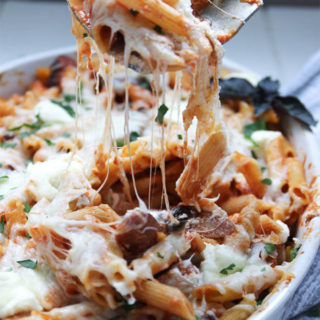 penne pasta bake with stringy cheese