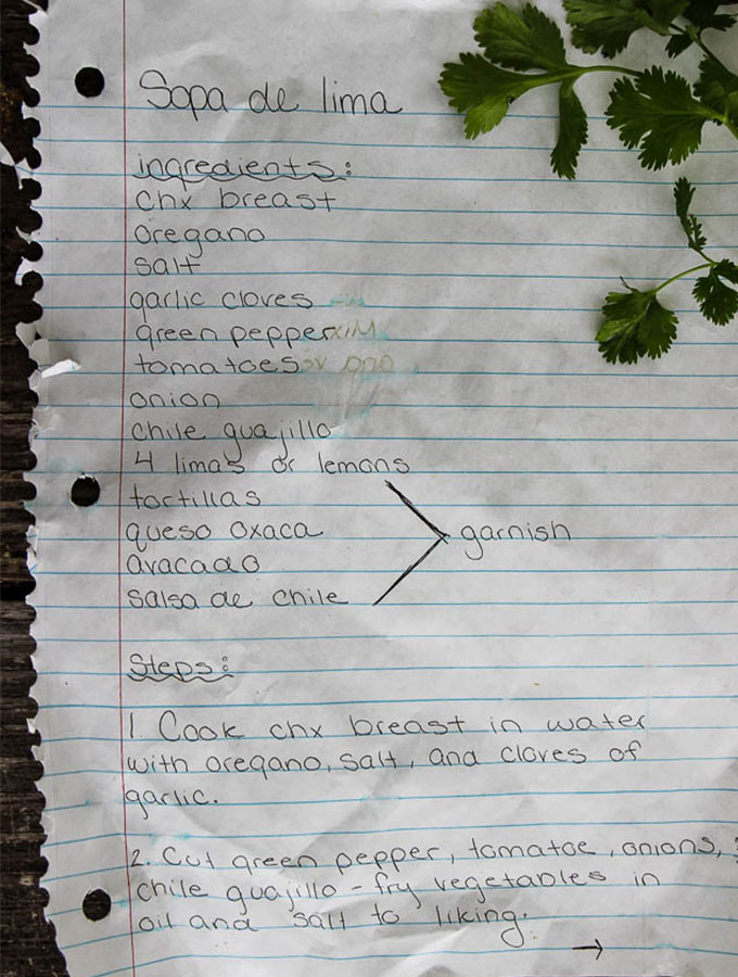 ofelias recipe for Mexican chicken and lime soup handwritten on a recipe card