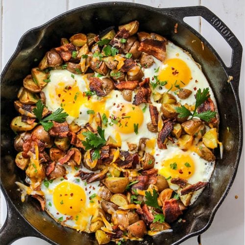 Breakfast Skillet With Cheesy Potatoes, Eggs, And Bacon