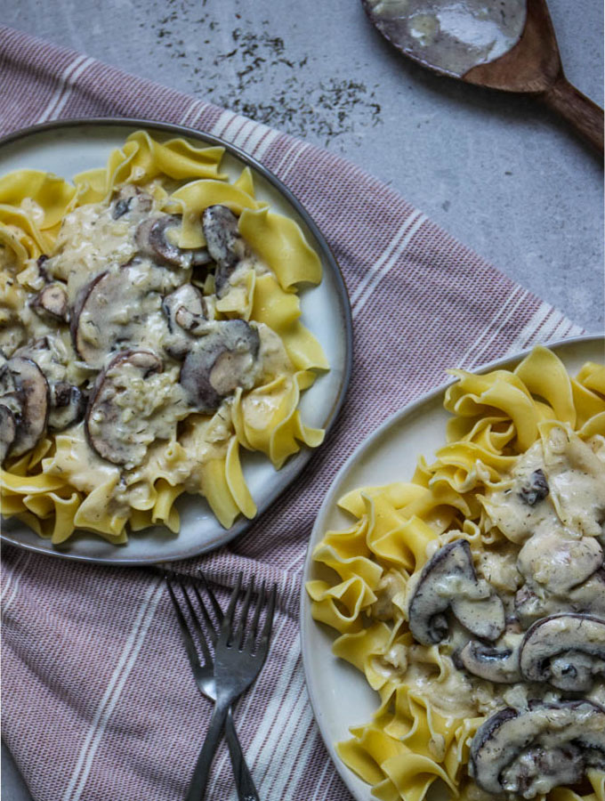 Vegetarian mushroom  stroganoff is plaed in gray plates with a red napkin underneath.