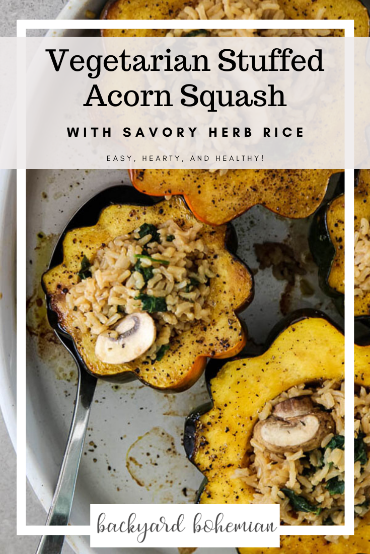 Vegetarian stuffed acorn squash is an easy family meal for your meatless nights!  Savory herb rice, mushrooms, and kale are baked inside a roasted acorn squash, a perfect hearty meal! via @foodhussy