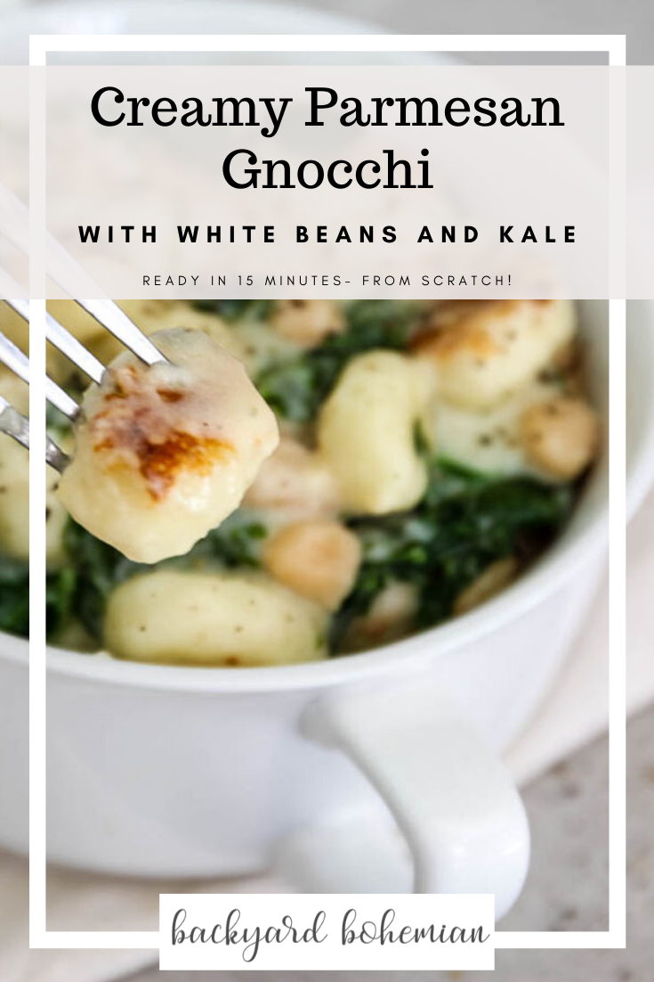 This vegetarian one pot creamy parmesan gnocchi with kale and white beans is made in under an easy 15 minutes! via @foodhussy