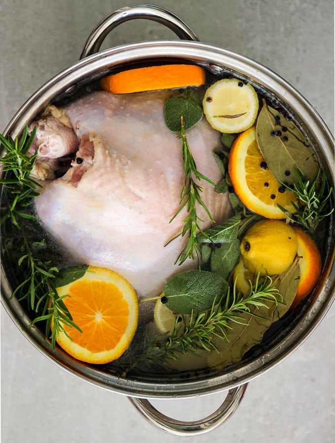 Turkey brine is put together in one huge pot so the turkey can sit in it for up to 24 hours.