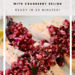 Baked salmon is topped with a fresh cranberry relish with a spoonful of the relish.