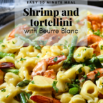 Shrimp and tortellini with beurre blanc pinterest graphic
