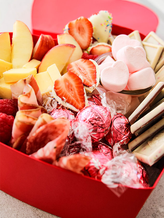 valentine heart box full of candies and fruits