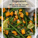 Oven roasted vegetables with thyme pinterest graphic.