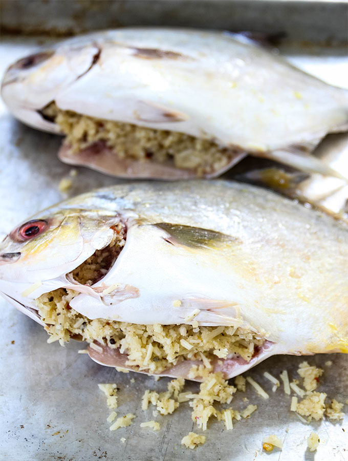 Pompano fish are stuffed with parmesan cheese and breadcrumbs before baking.