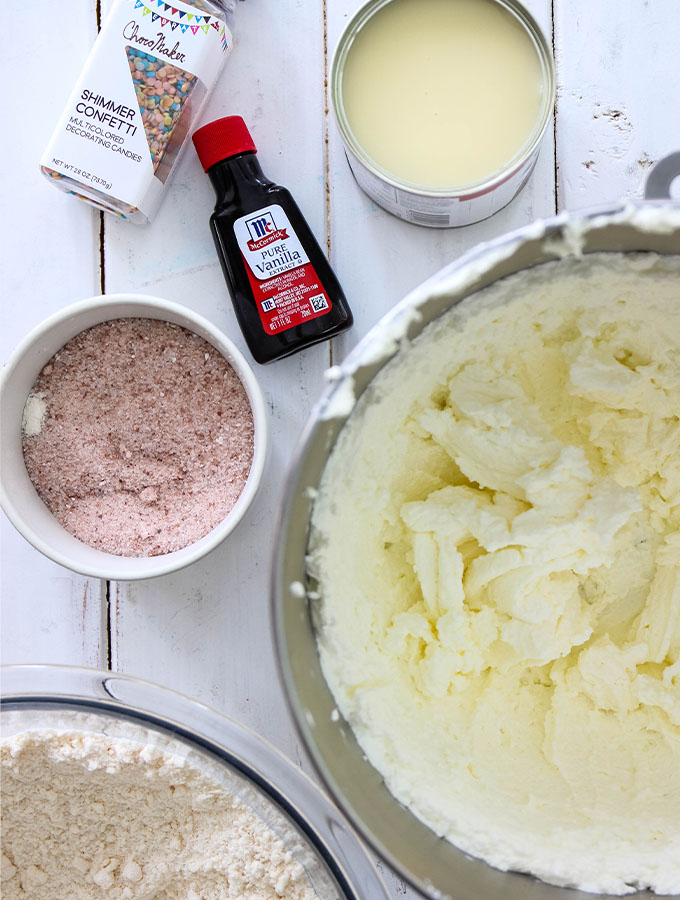 No Churn Cake Batter Ice Cream ingredients are displayed individually before combining.