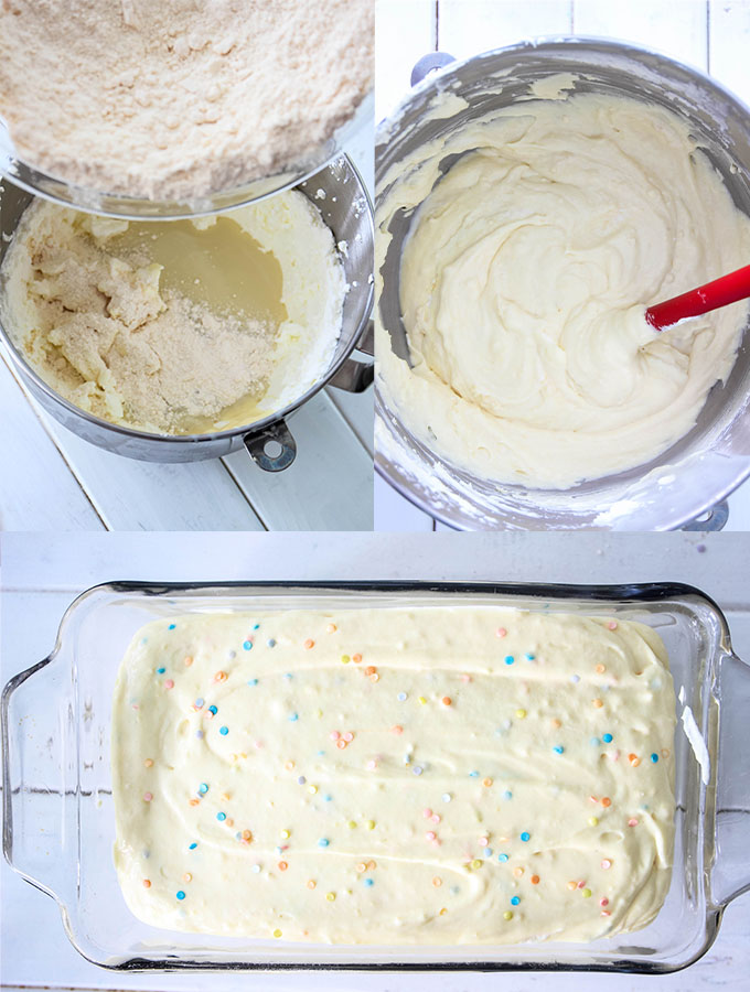 No Churn Cake Batter Ice Cream is broken down into three easy steps: whip, combine, freeze.