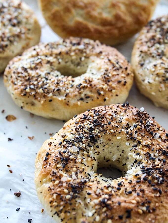 New York Style Bagels are topped with everything bagel seasoning and then baked.