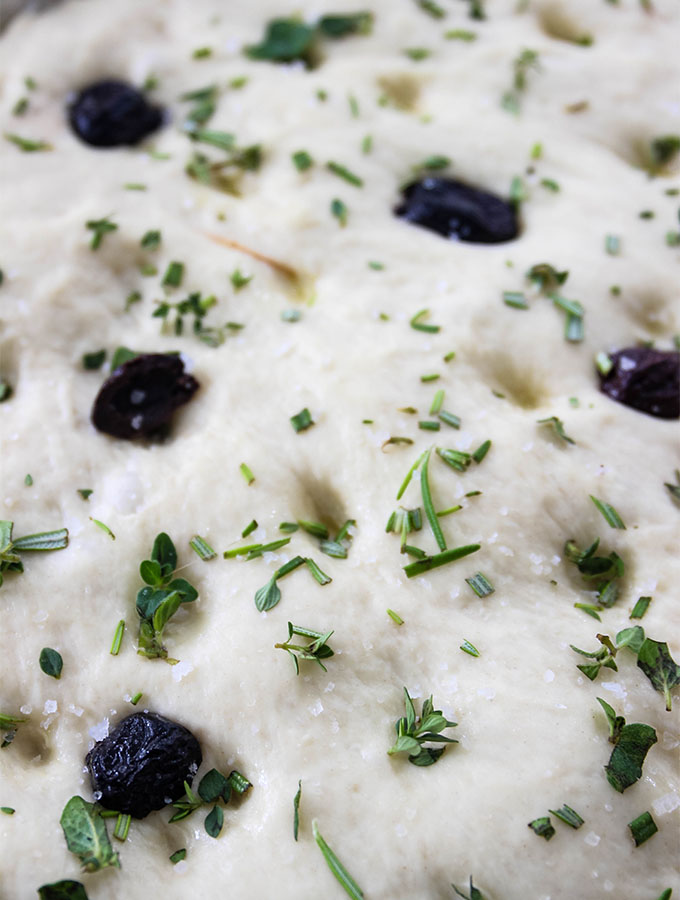 Easy Olive and Herb Focaccia is topped with fresh herbs, olives, and coarse salt.