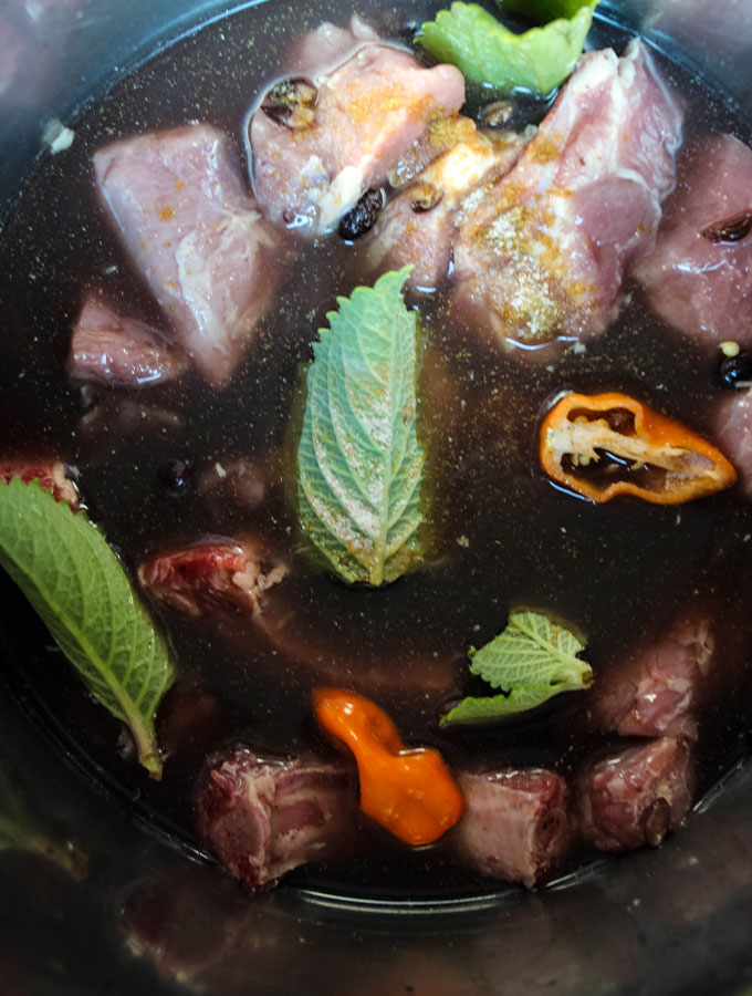 Pork, black beans, oregano leaves, and habaneros are combined in a stock pot.