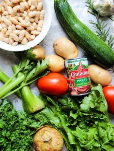 Minestrone soup ingredients are displayed individually.