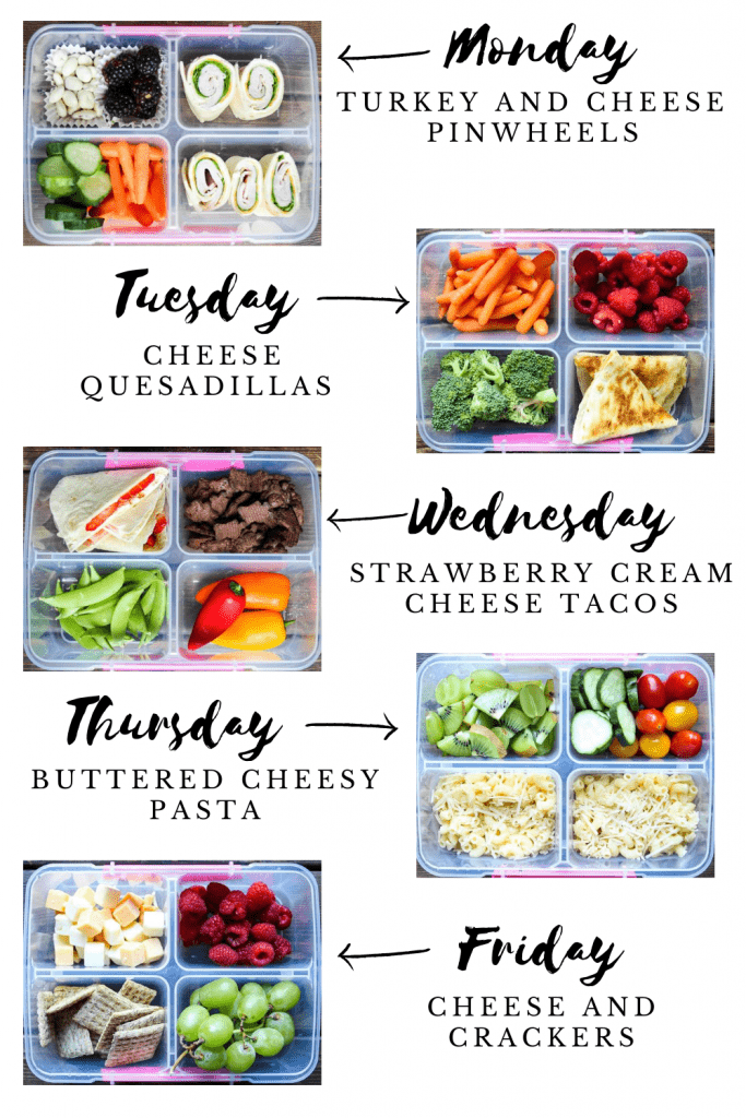 A week's worth of school lunches is compiled into a graphic list.