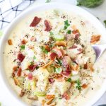 Clam chowder is plated in a white bowl with a spoon and is topped with crispy bacon bits.