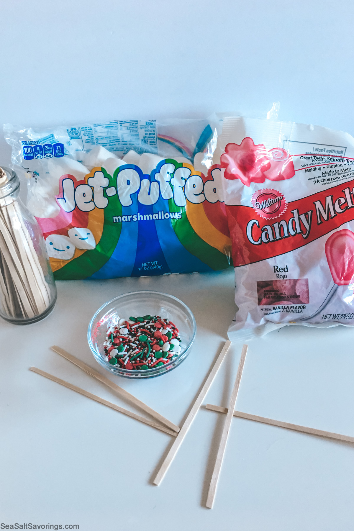 ingredients for chocolate dipped marshmallows on sticks