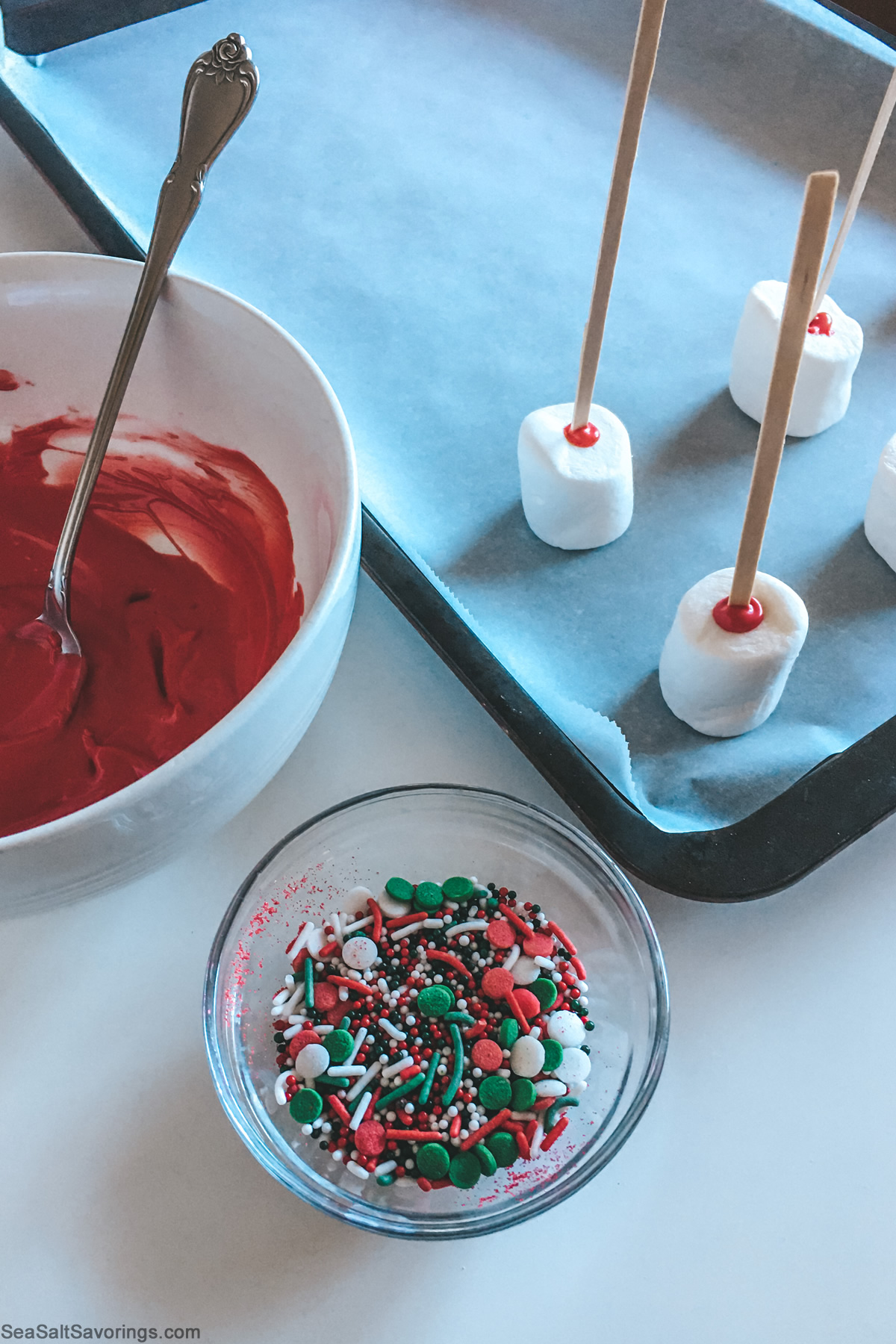 marshmallows on sticks with dipping ingredients off to the side