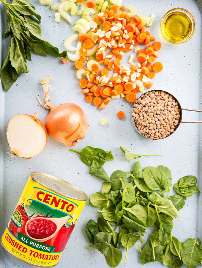 Lentil soup ingredients are displayed individually like lentils, crushed tomatoes, kale, onion, and more.