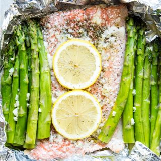 The salmon and asparagus is cooked in foil so it is juicy, flavorful, and delicious.