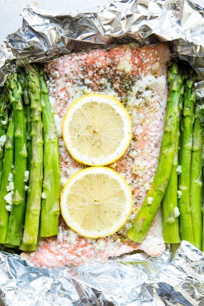The salmon and asparagus is cooked in foil so it is juicy, flavorful, and delicious.