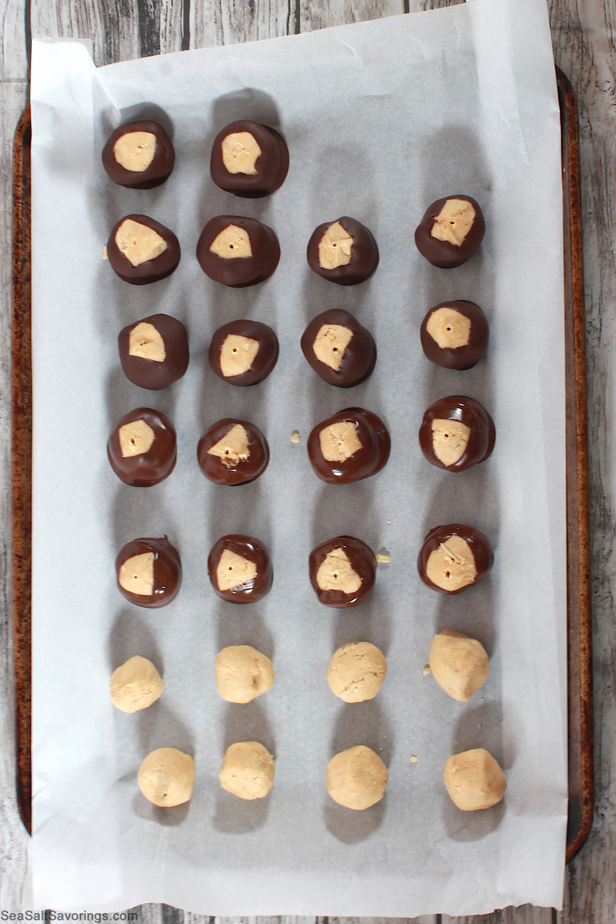 sheet pan with buckeye balls finished and ready to cool