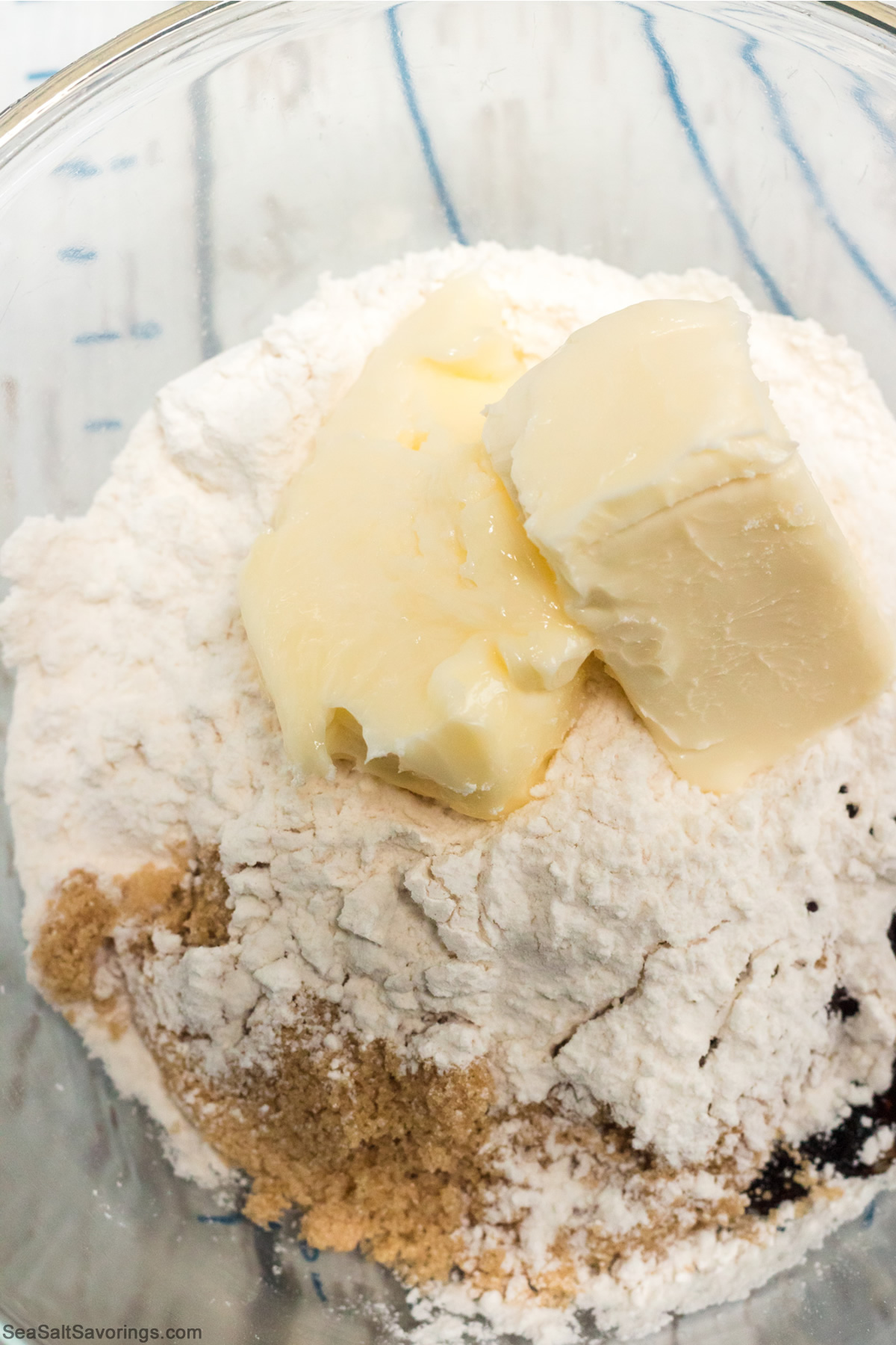 dry ingredients and butter in a mixing bowl