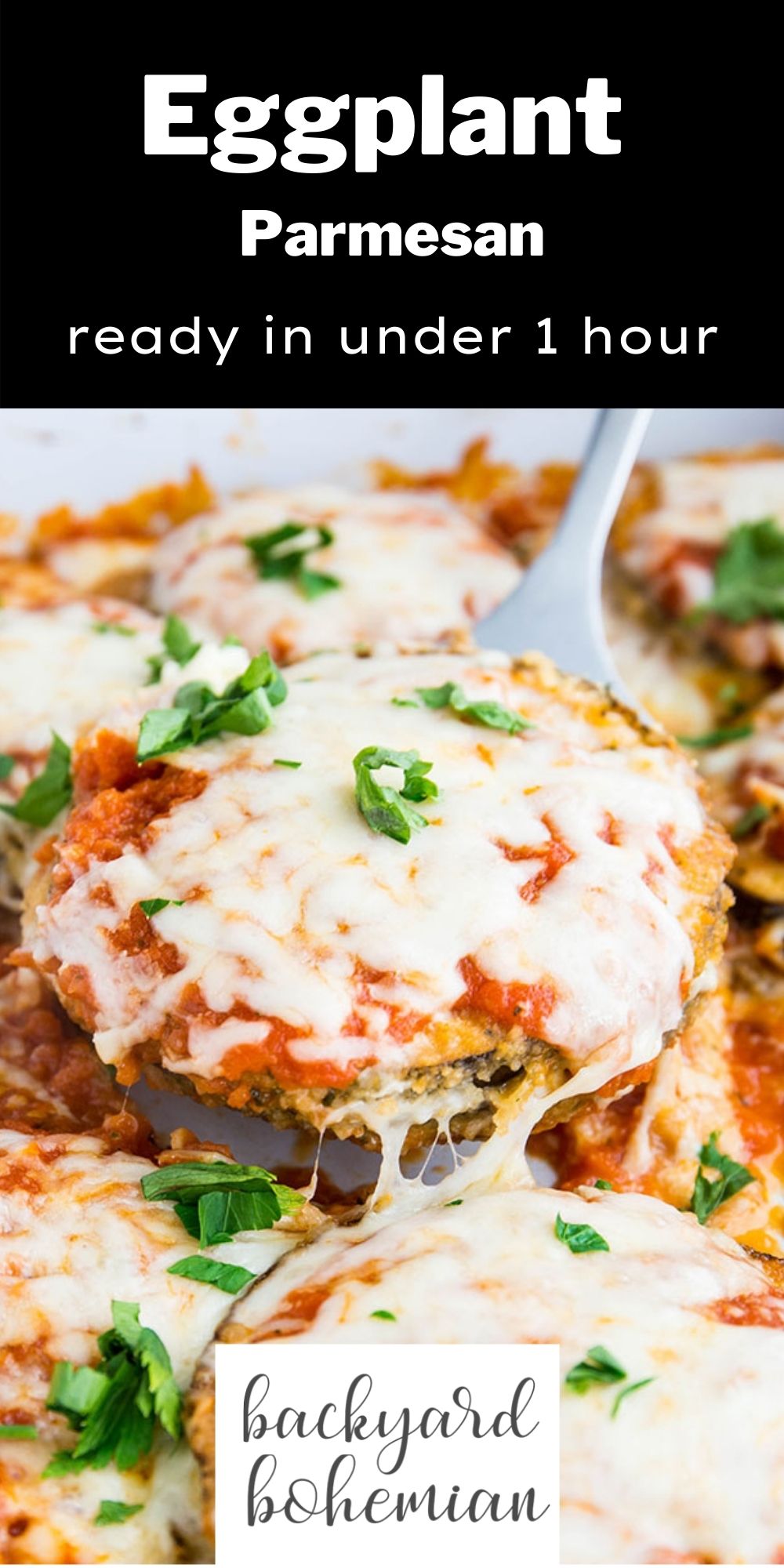 Baked eggplant parmesan is made with crispy baked eggplant layered with homemade marinara sauce and loads of melted mozzarella cheese. This is the perfect comfort meal! via @foodhussy