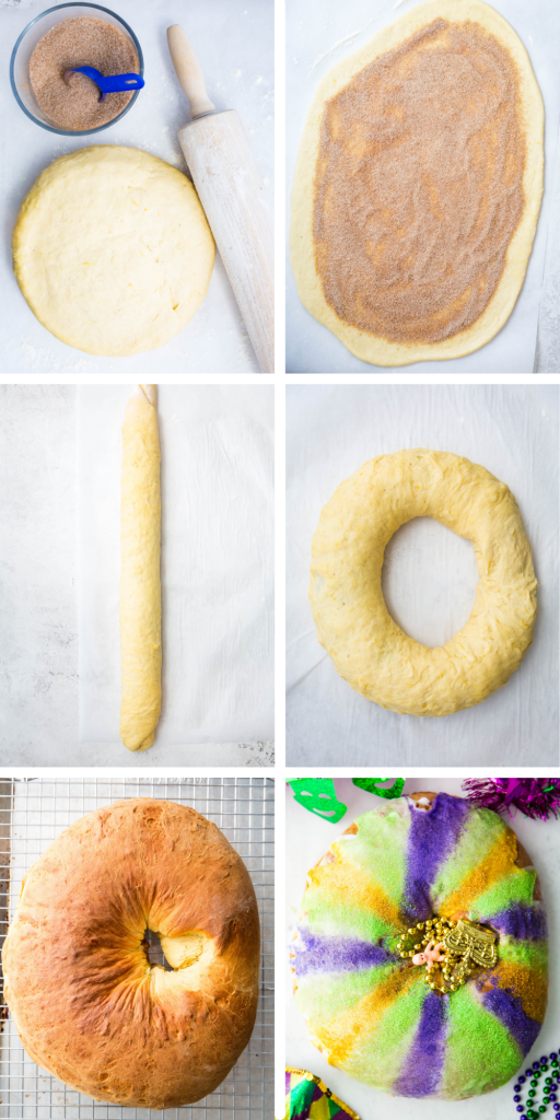 step by step collage how to mix and roll out dough for this cake