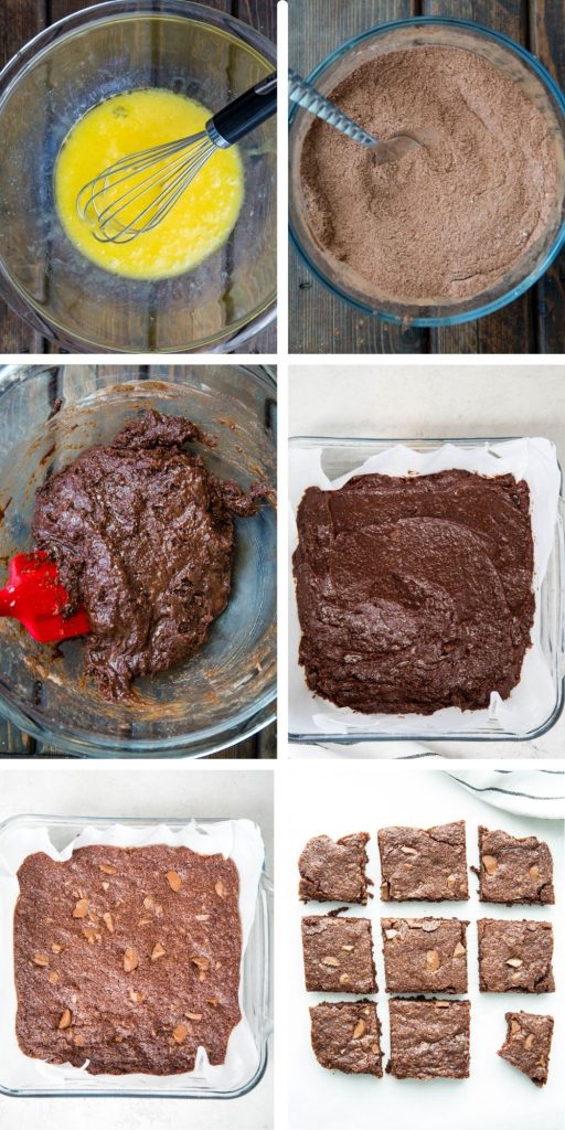 step collage showing mixing ingredients for brownies in a bowl