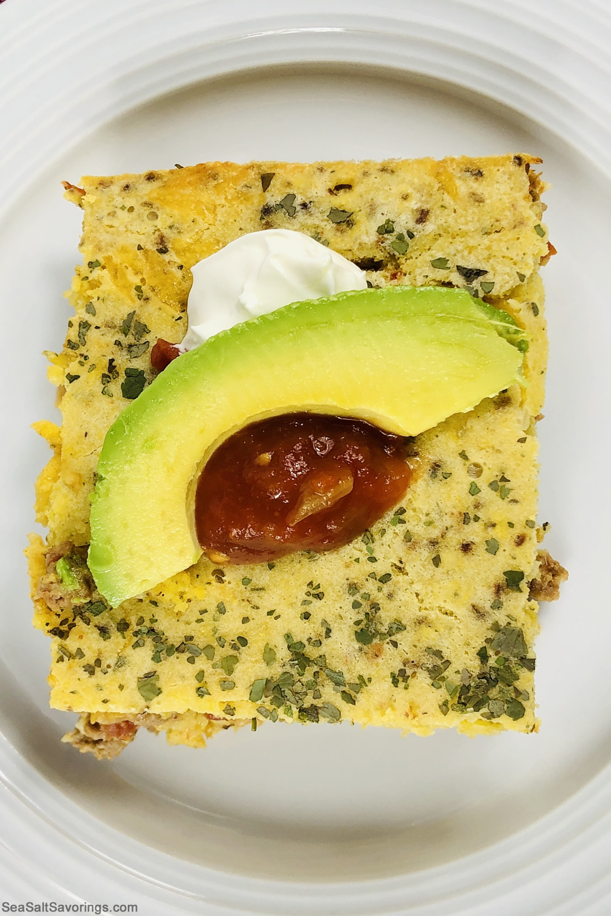 overhead view of a slice of tamale casserole