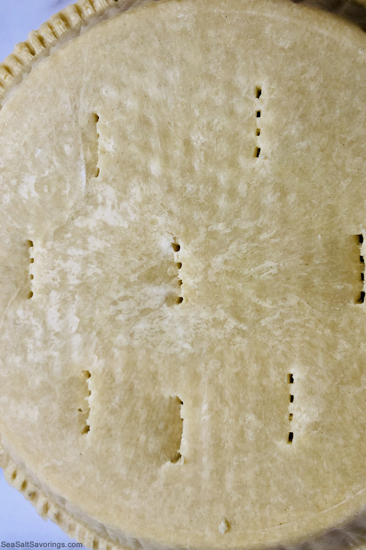 top of pie shell shown with holes poked in it to vent steam