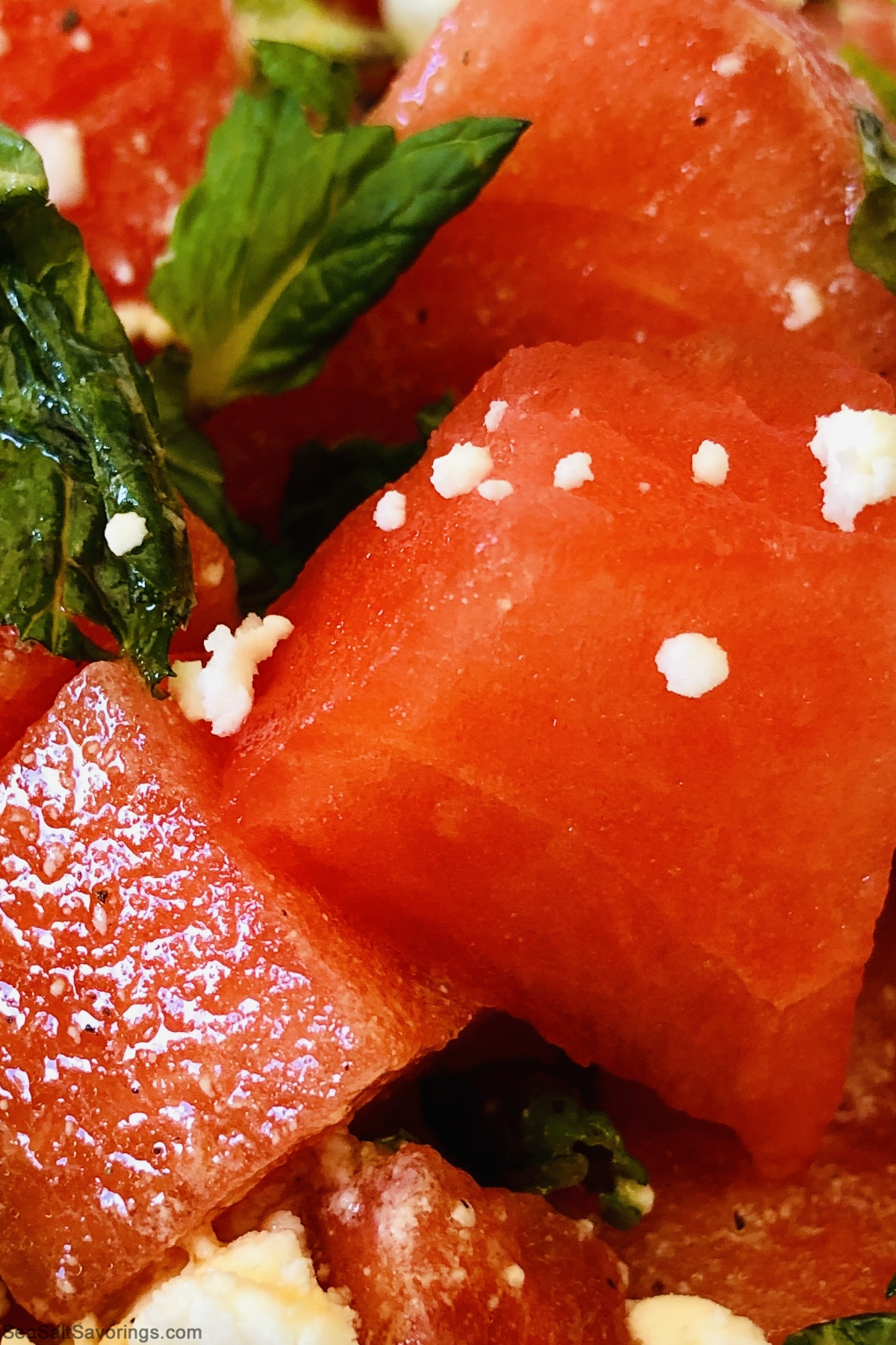 close up view of watermelon feta salad with details of juicy fruit