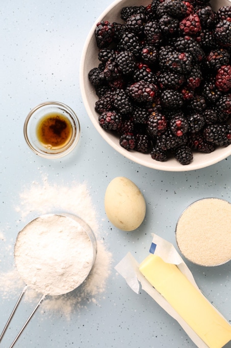 Blackberries, butter, egg, sugar, and vanilla extract is displayed individually.