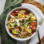 Orzo pasta salad is topped with more feta cheese and is plated in a small white bowl.