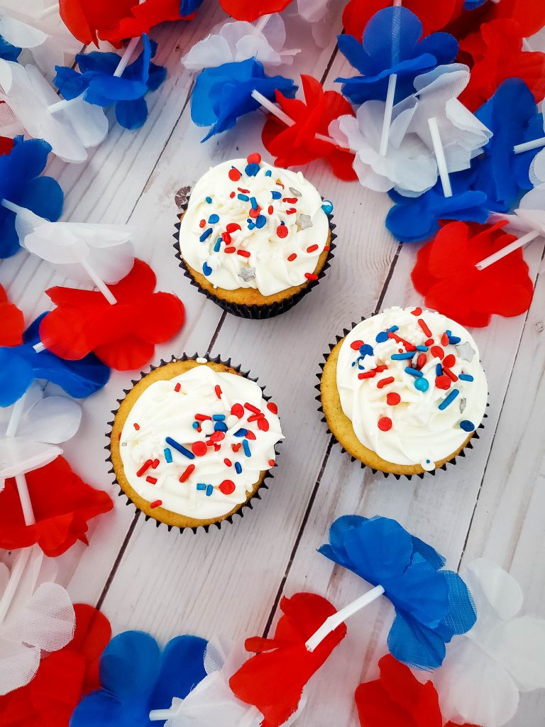 Red, White, and Blue Sprinkle Explosion Cupcakes