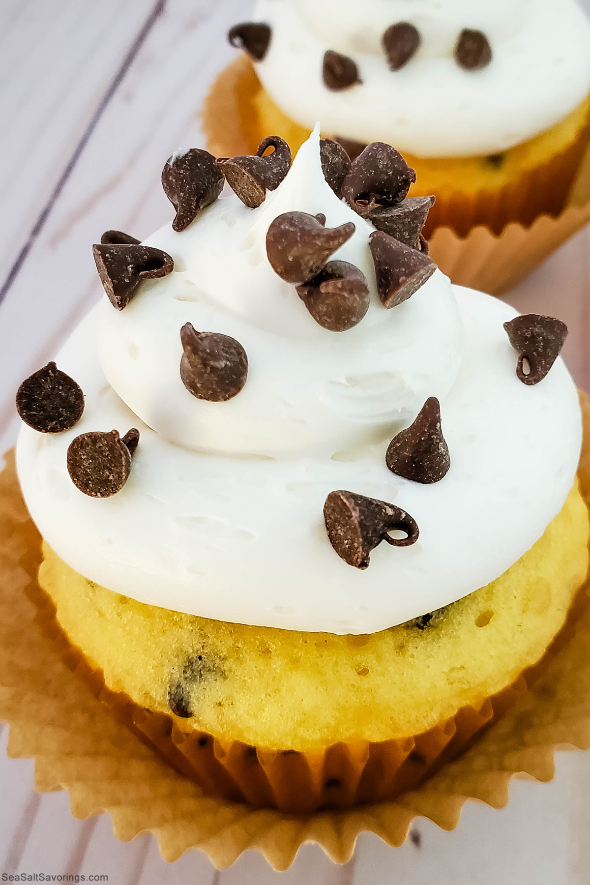 close up of a chocolate chip cupcake