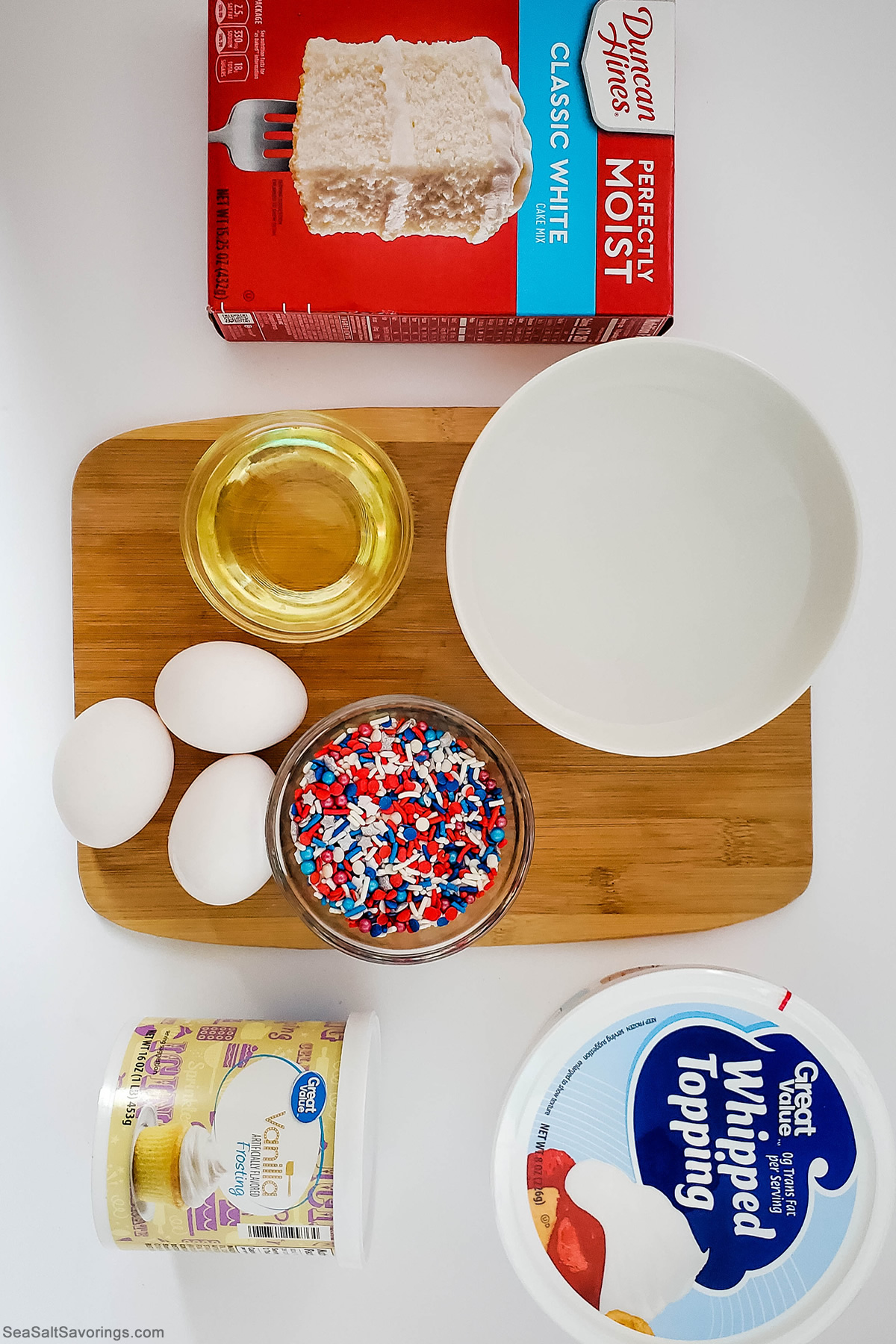 ingredients on a table for red white and blue festive cupcakes