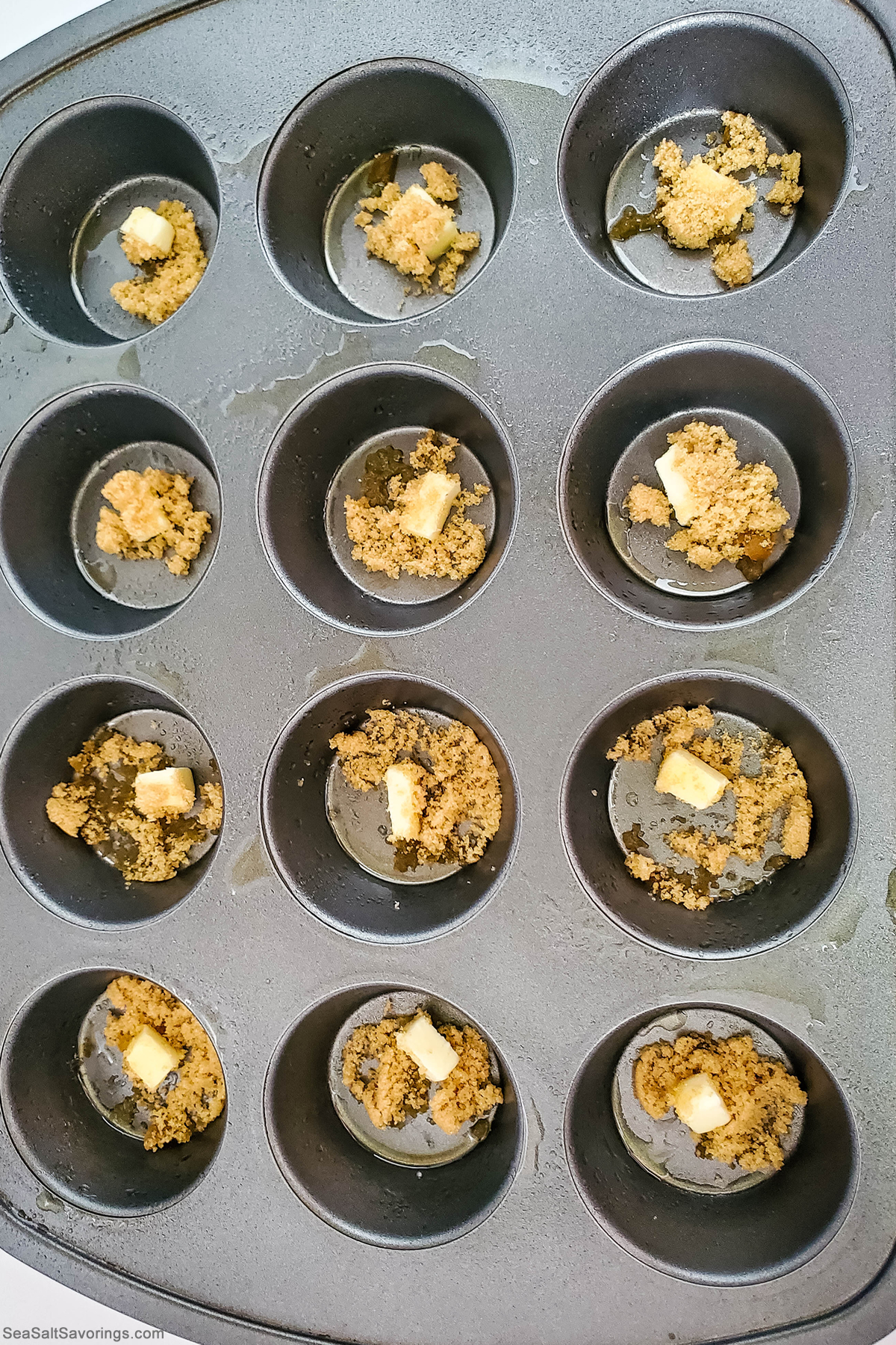 putting butter and sugar in baking dish