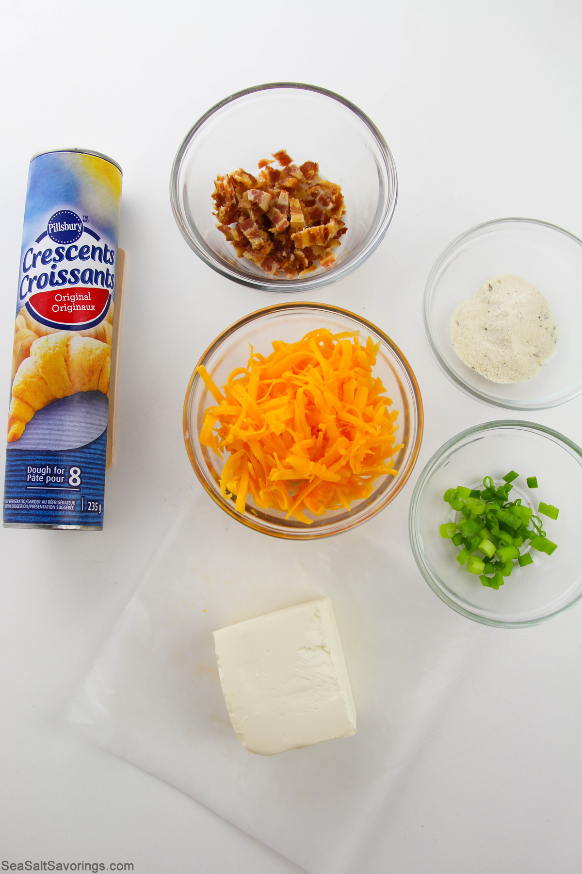 ingredients in bowls to make cheddar bacon rolls