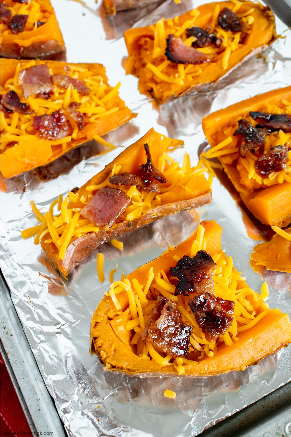 sweet potato skins hollowed out and filled with cheese and bacon