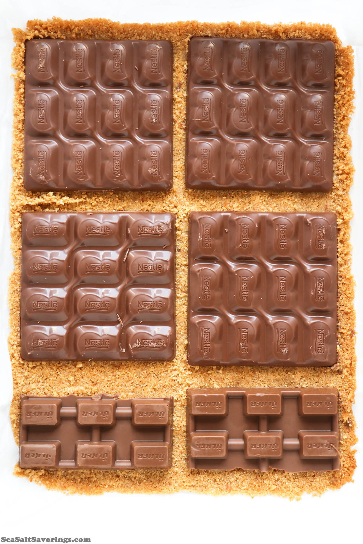 chocolate placed on top of crust in baking dish