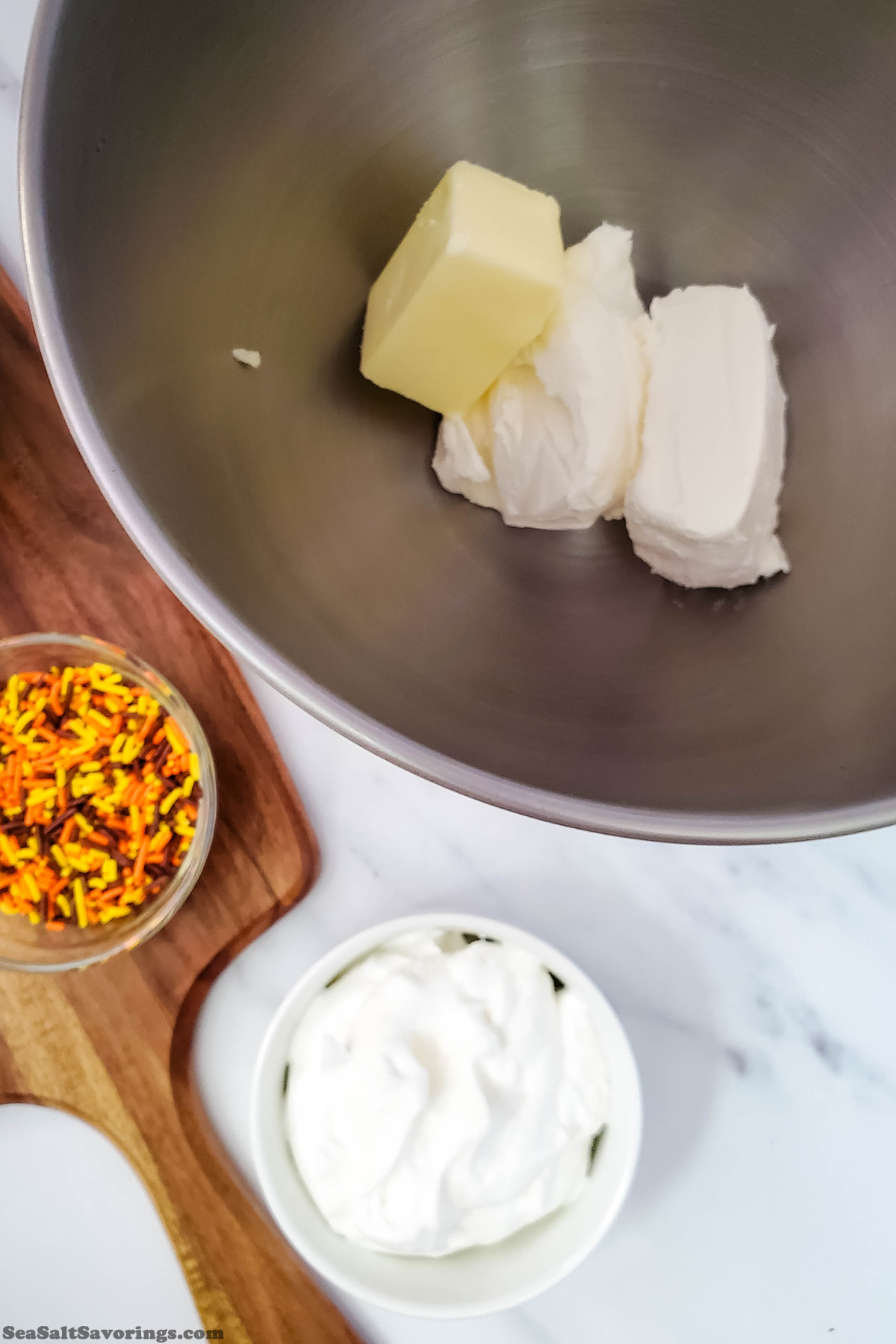 mixing bowl of butter and cream cheese