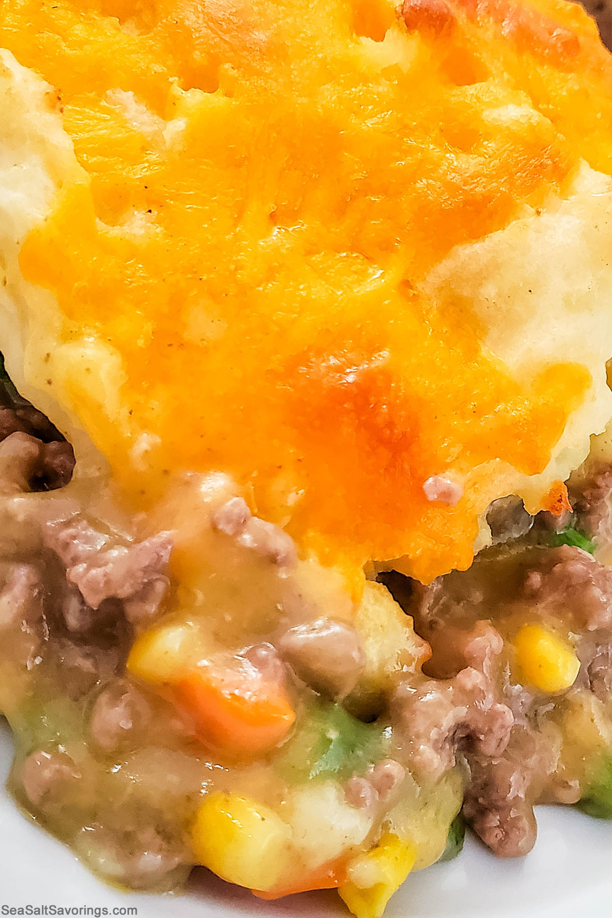 close up view of shepherds pie detailing the crispy textures