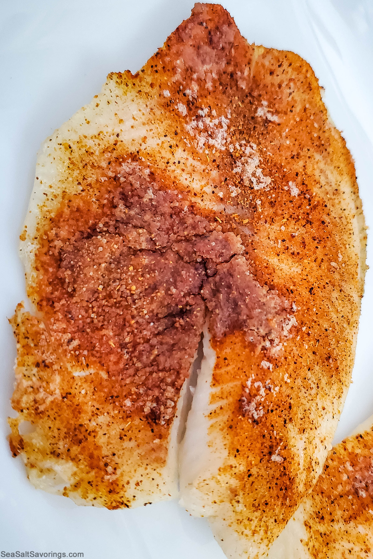 close up view of a tilapia after baking, it has a crispy crust of seasoning