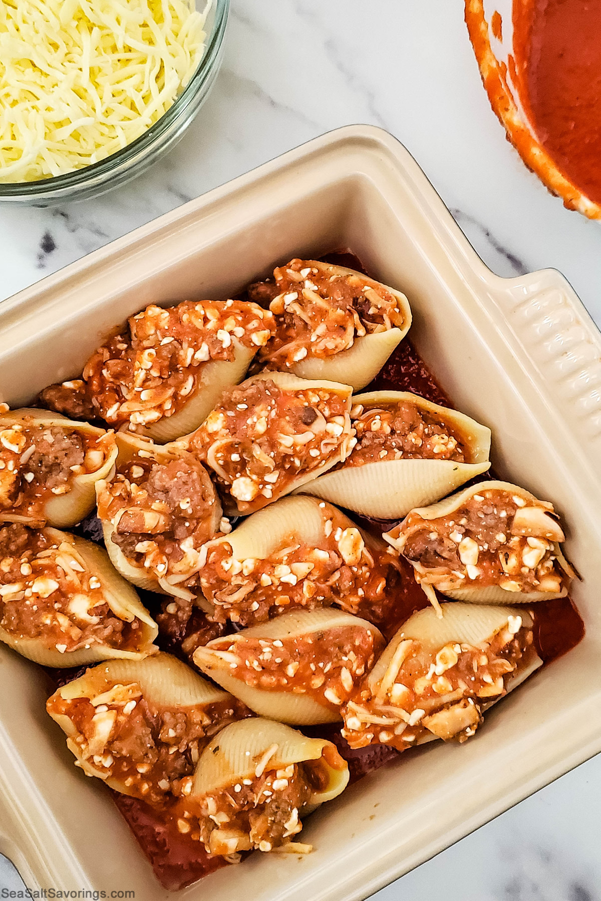 baking dish full of stuffed pasta shells