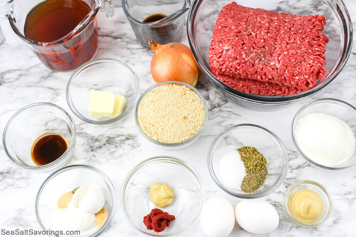 ingredients for meat loaf and brown gravy